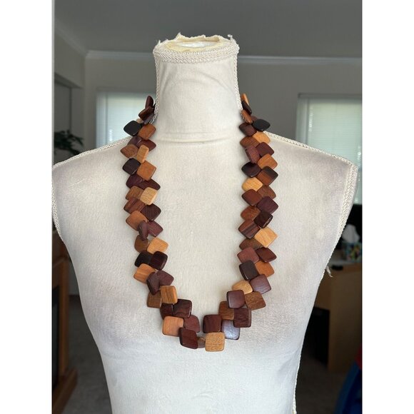 Vintage Shades of Stained Square Wooden Panel Necklace - Picture 2 of 6